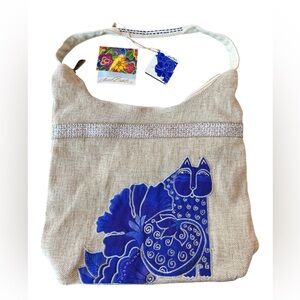 Laurel Burch Blue Cat Floral Canvas Shoulder Bag Tote Purse